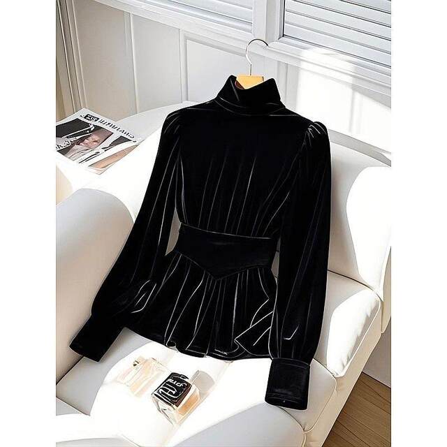 French unique super beautiful inner long -sleeved gold velvet shirt in winter light luxury high -level black plus velvet shirt
