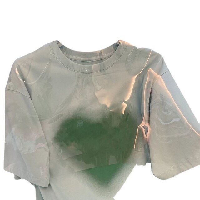 Pure cotton bag collar green love printed short -sleeved girl summer loose and leisure versatile fresh sweet mid -sleeved top female

