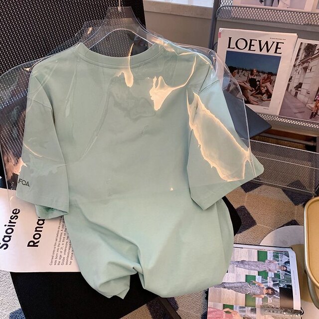 Pure cotton bag collar green love printed short -sleeved girl summer loose and leisure versatile fresh sweet mid -sleeved top female
