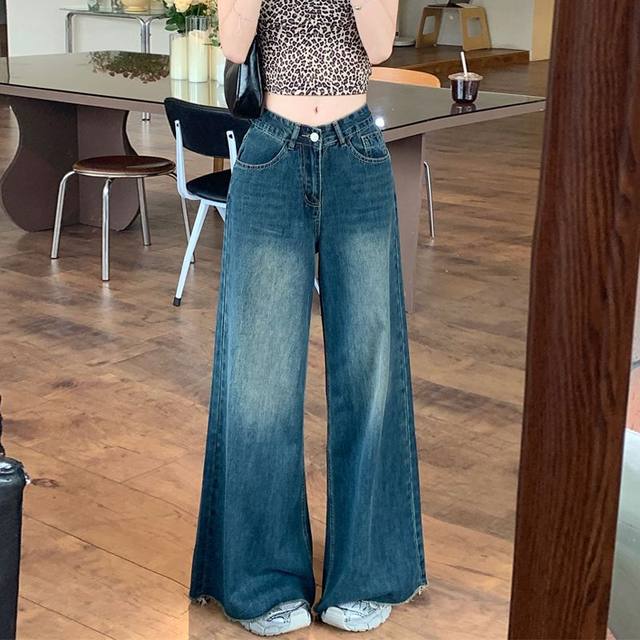 Retro wash furrowed jeans for women in 2025 spring and autumn large size pear shape fat mm loose straight wide-leg trousers