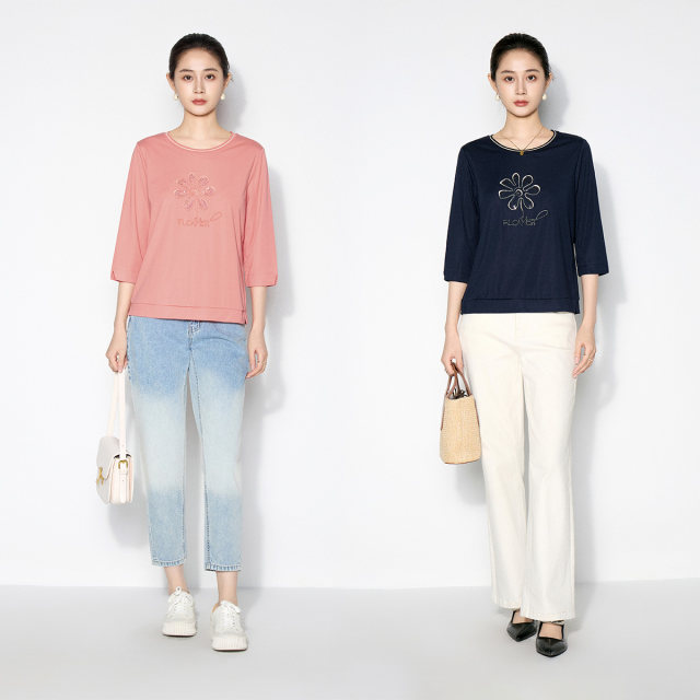 Ma Tiannu 2025 spring and summer new solid color embroidered T-shirt round neck mid-sleeved top stretch versatile casual and fashionable women