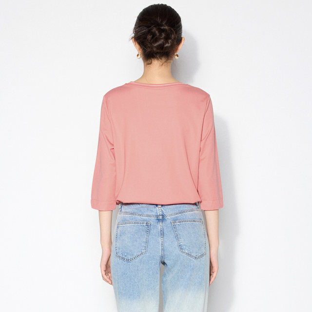 Ma Tiannu 2025 spring and summer new solid color embroidered T-shirt round neck mid-sleeved top stretch versatile casual and fashionable women