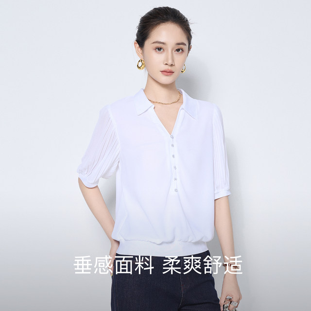 Ma Tiannu 2025 summer new black short-sleeved shirt temperament knitted chiffon shirt women's short top versatile