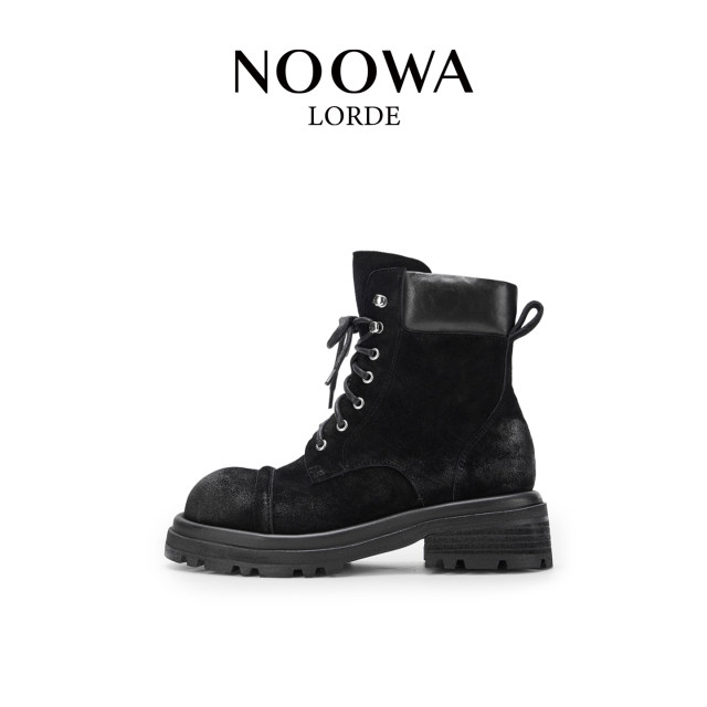 NOOWA British thick heel Martin boots for women 2025 autumn fashionable polished leather heightening versatile lace-up short boots