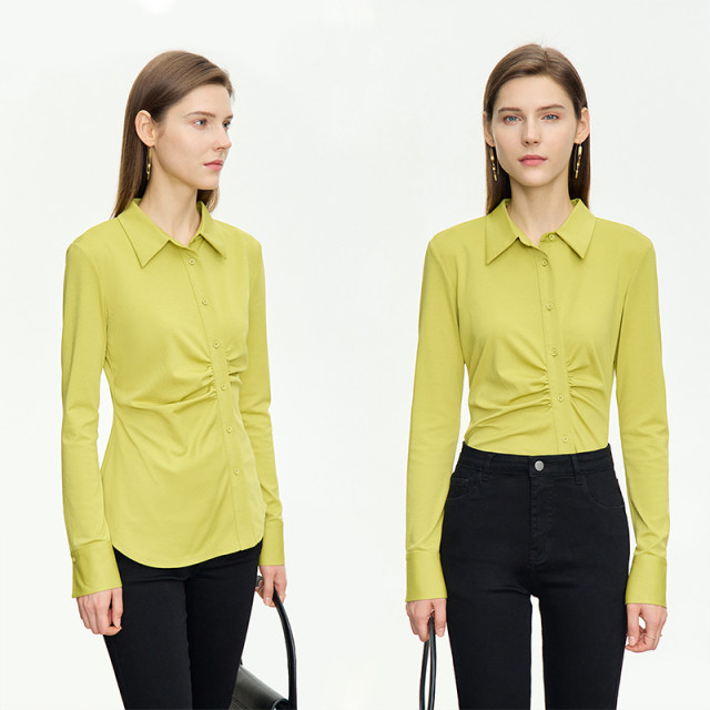 Amii tilt lapel shirt for women's spring niche design shirt pleated slim fit top