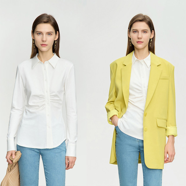 Amii tilt lapel shirt for women's spring niche design shirt pleated slim fit top