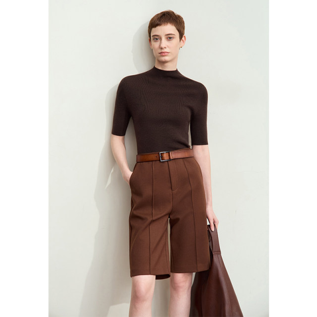 Amii spring style versatile half turtle neck combed full wool seamless integrated molding mid-sleeved sweater women's top