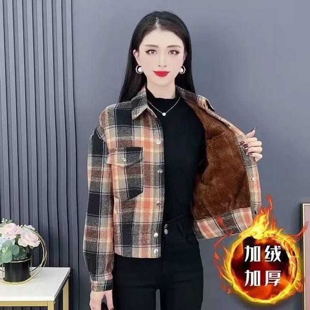 
Autumn and winter casual plaid coat for women, velvet short lapel jacket, fashionable mother's wear warm shirt top
