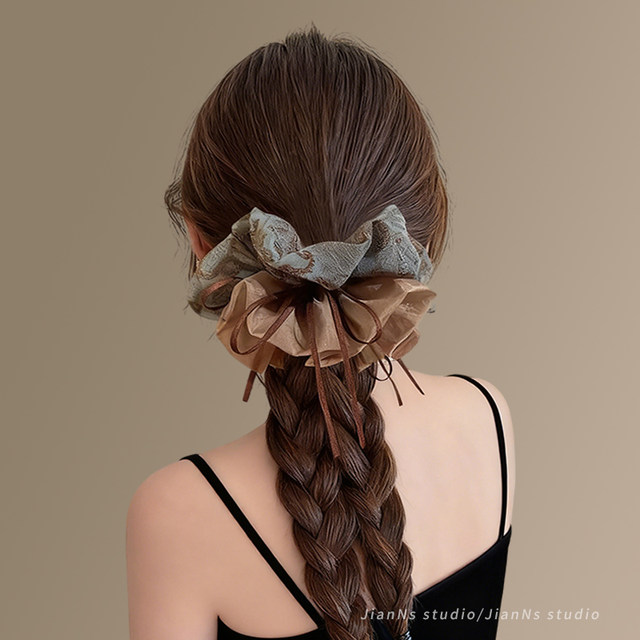 
High-end retro floral ribbon large intestine hair tie for women 2025 new style ponytail ball head large rubber band hair rope