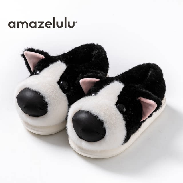 amazelulu cotton slippers women's bag and home indoor non-slip warm plush couple furry shoes