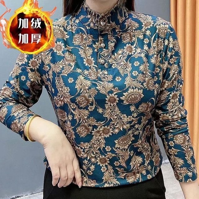 Western mothers standing collar color elasticity 2022 Autumn new bottom shirts loose and covered with belly, middle -aged and elderly large size women's clothing
