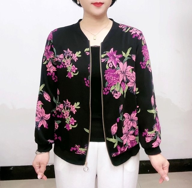 Fashionable mother-wear chiffon printed cardigan long-sleeved jacket 2024 spring new large size loose versatile baseball uniform for women
