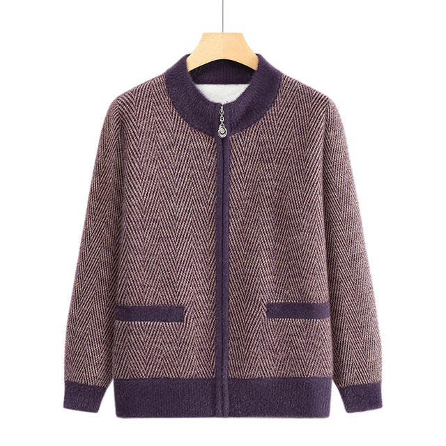 
Mother's clothing autumn and winter velvet cardigan sweater women's clothing middle-aged and elderly mother's tops elderly knitted sweater jacket