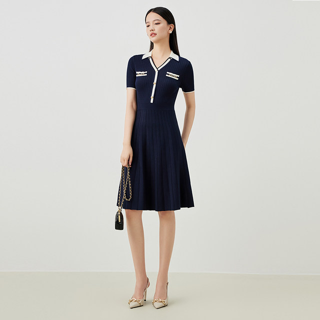 Yingzhishang outlet workplace dress summer new thin short-sleeved polo neck high waist mid-length knitted skirt for women