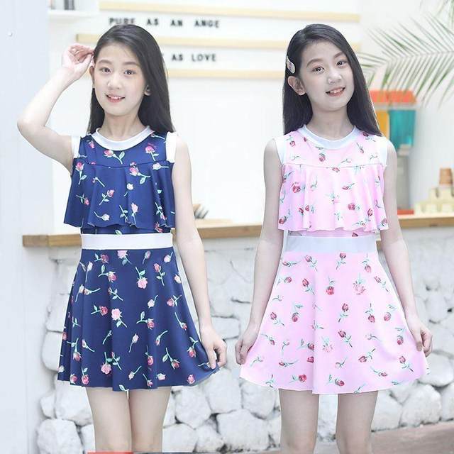 
Girls' swimsuit sports spliced split short-sleeved sun protection medium and large children's boxer briefs with chest pads quick-drying student swimsuit