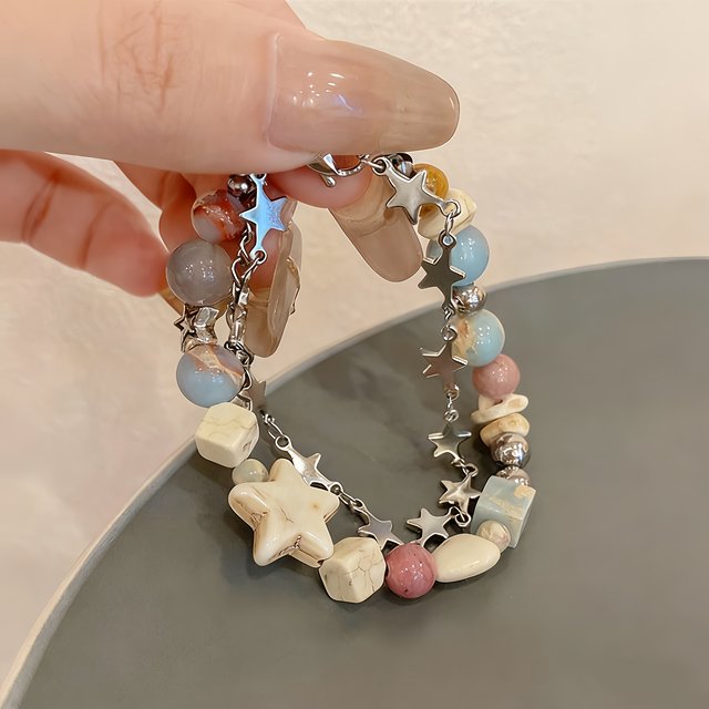 Double-layered bracelets for women, cream stars stacked, niche bestie beads, dopamine fashion, light luxury, exquisite high-end hand jewelry