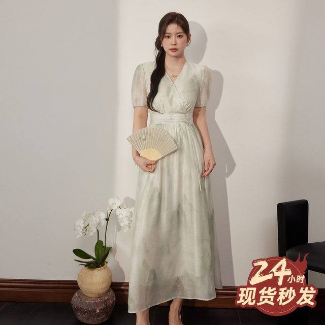 Ready stock Lanyu plus size women's light national style v-neck printed chiffon dress summer new style temperament belly-covering a-line skirt