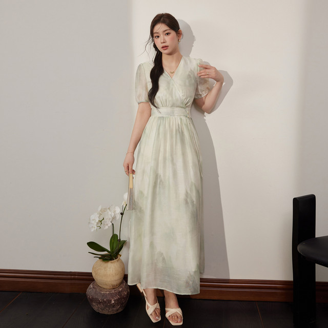 Ready stock Lanyu plus size women's light national style v-neck printed chiffon dress summer new style temperament belly-covering a-line skirt