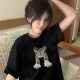 American fashion brand black short-sleeved T-shirt for women cartoon design niche 2025 new round neck straight shoulder pure cotton top