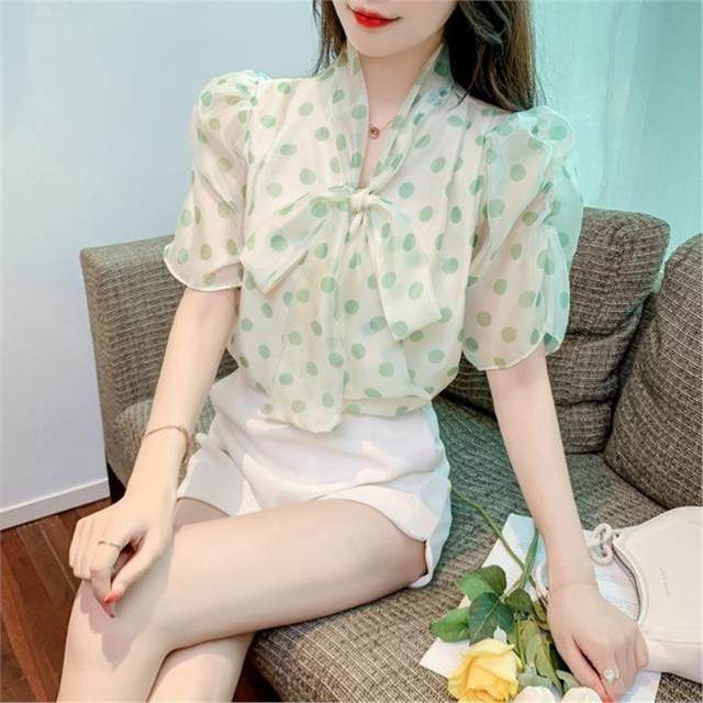 Hong Kong style polka dot chiffon shirt bow streamer bead button literary shirt women short-sleeved printed scarf collar floral