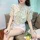 Hong Kong style polka dot chiffon shirt bow streamer bead button literary shirt women short-sleeved printed scarf collar floral