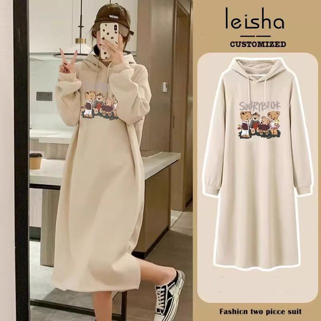 Women's sweatshirt skirt spring and autumn 2025 new loose casual hooded top mid-length dress autumn and winter plus velvet