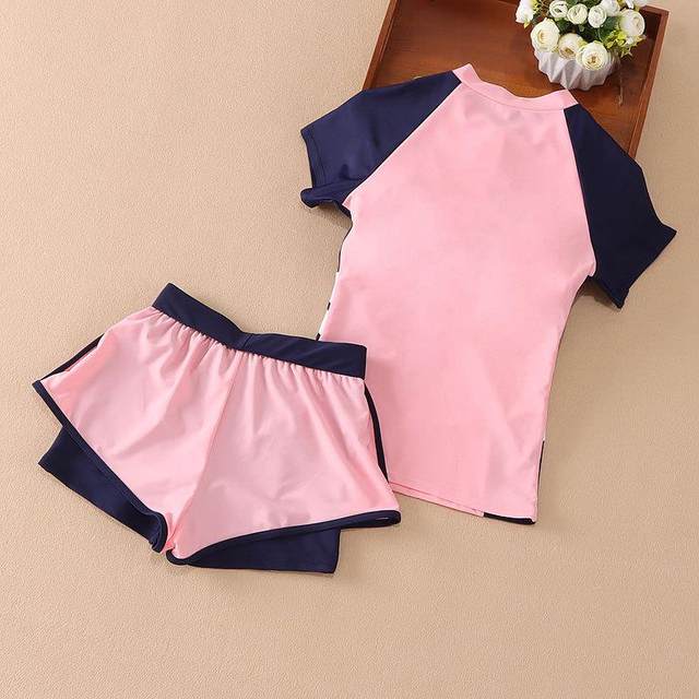 Girls' swimsuit split short -sleeved sunscreen Daedong children's flat -angle trousers, children's fast dry two -piece student swimsuit