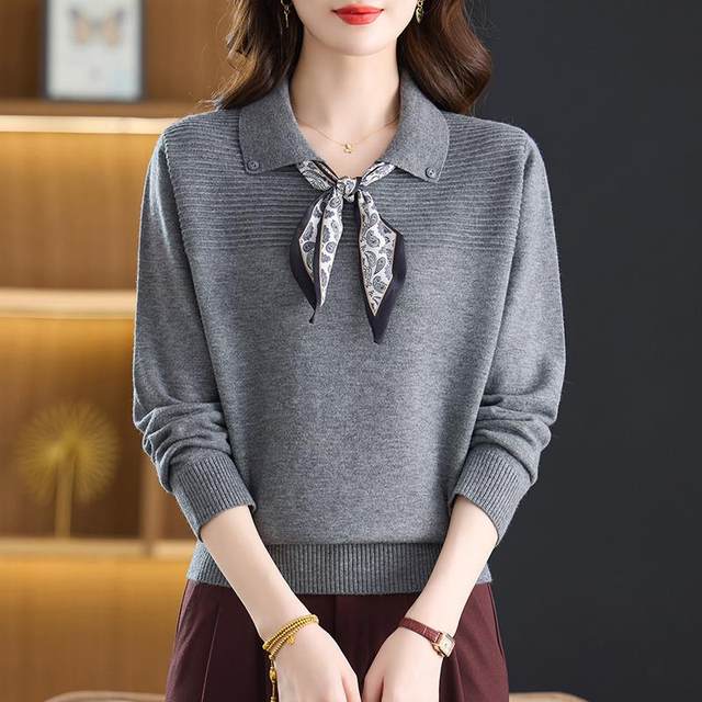 Speed ​​​​Momwear Autumn New Lapel Sweater Women's Loose Large Size Western Style Age-Reducing Sweater Bottoming Shirt Spring and Autumn