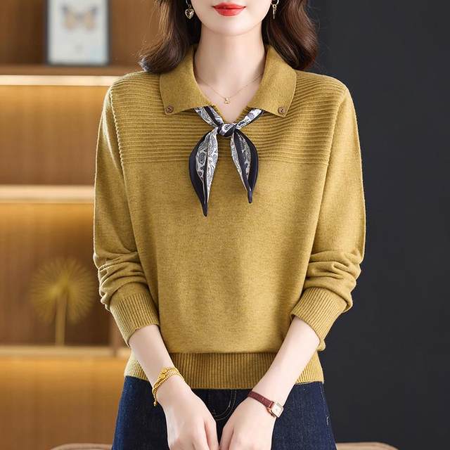 Speed ​​​​Momwear Autumn New Lapel Sweater Women's Loose Large Size Western Style Age-Reducing Sweater Bottoming Shirt Spring and Autumn