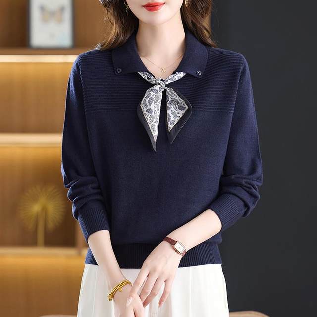 Speed ​​​​Momwear Autumn New Lapel Sweater Women's Loose Large Size Western Style Age-Reducing Sweater Bottoming Shirt Spring and Autumn