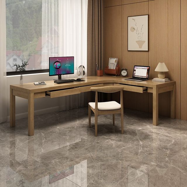 
Solid wood corner desk human computer desk home study corner long L-shaped office workbench drawer table