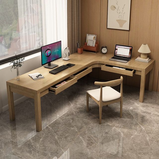 
Solid wood corner desk human computer desk home study corner long L-shaped office workbench drawer table