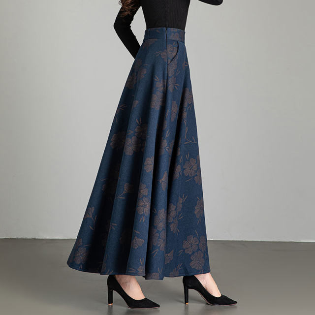 Autumn and winter printed skirt for women 2025 new high-waisted large size mid-length A-line large hem skirt draped and slim long skirt