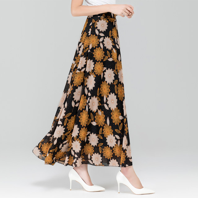 Summer new versatile chiffon skirt female retro high waist A -line long skirt big size dancing skirt