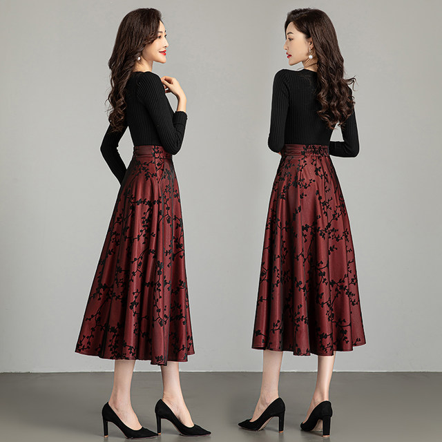 Printed skirt for women Spring and Autumn 2025 new high-waisted A-line skirt mid-length large swaying and slim pleated skirt umbrella skirt