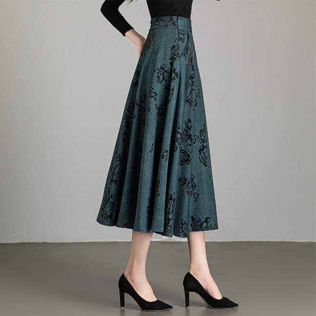2025 Spring and Autumn New Printed Drooping Skirt for Women High Waist Slim Large Size Over-Knee A-line Skirt Large Swing Mid-Long Skirt
