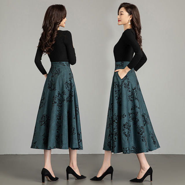 2025 Spring and Autumn New Printed Drooping Skirt for Women High Waist Slim Large Size Over-Knee A-line Skirt Large Swing Mid-Long Skirt
