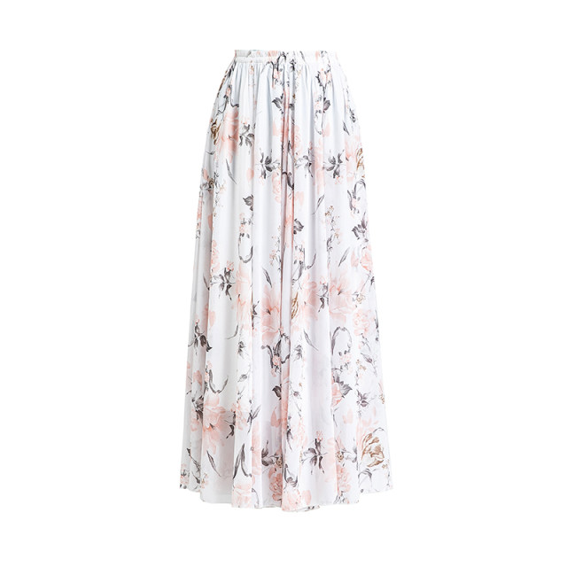 2025 summer new versatile floral chiffon half-body long skirt for women large size high waist mid-length A-line dance skirt