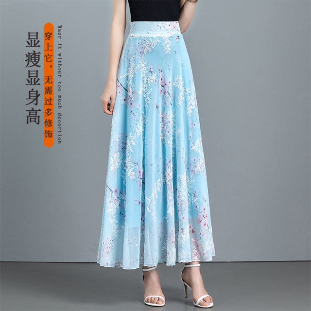
2025 summer new retro embroidered high waist a-line skirt chiffon skirt long skirt women's dancing skirt big twill twill skirt