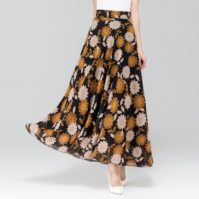 Summer new versatile chiffon skirt female retro high waist A -line long skirt big size dancing skirt
