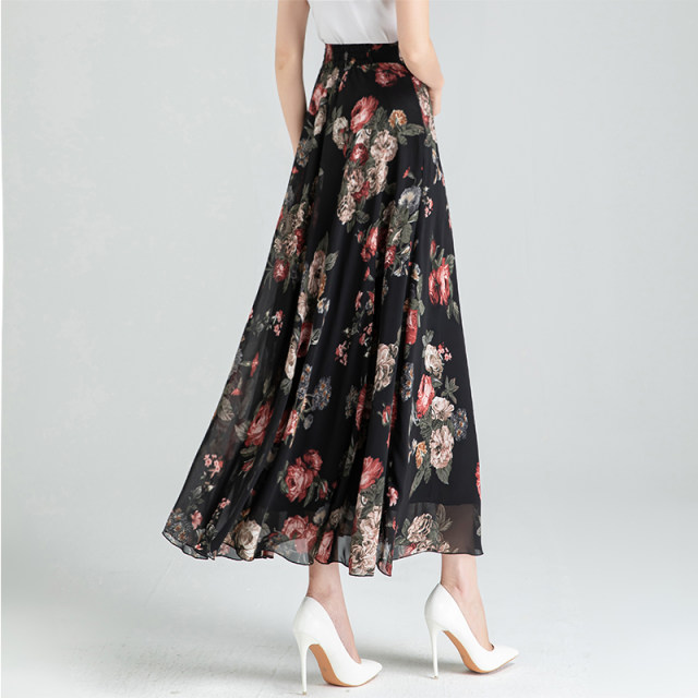 2025 new summer versatile floral chiffon skirt long skirt A-line large size high waist large mid-length women's skirt
