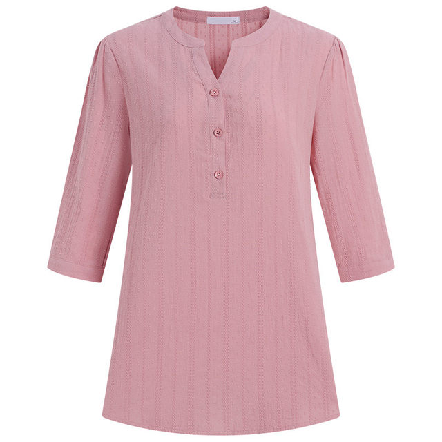 Pure cotton shirt women's 2025 spring and autumn new fashionable seven-quarter sleeve top large size mid-length V-neck shirt