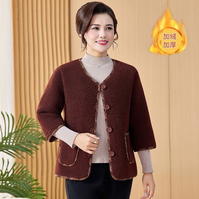Middle-aged mother's clothing autumn and winter plus velvet thickened particle velvet mid-sleeve coat middle-aged and elderly women's autumn vest half-sleeved top