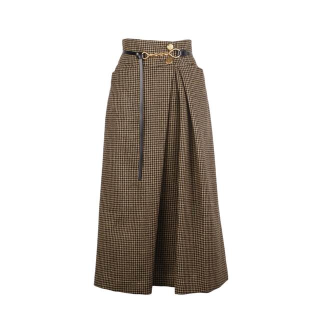 J/NINA French retro plaid high-waisted slim skirt autumn and winter high-end temperament A-line mid-length skirt versatile