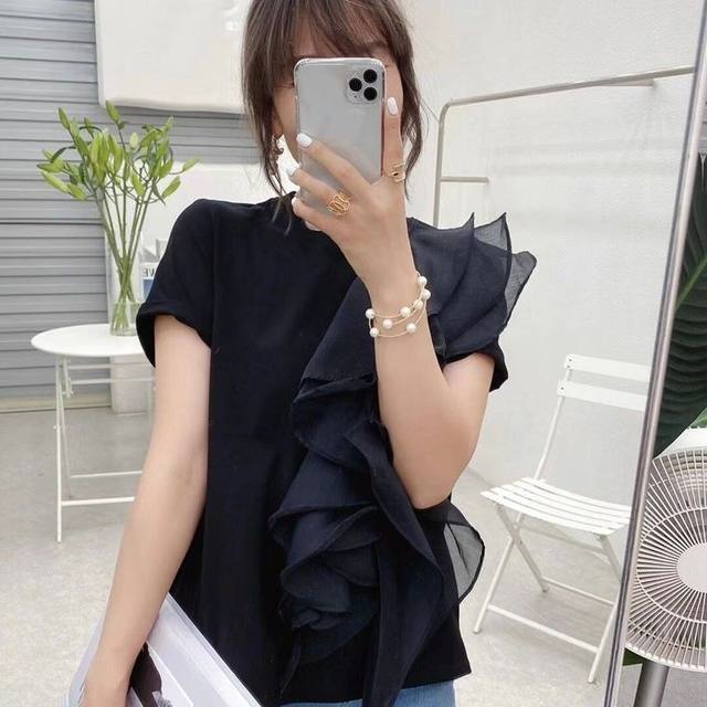 2025 summer Korean version loose slim design sense irregular ruffled solid color elastic cotton casual short-sleeved T-shirt