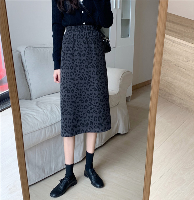 Retro leopard print elastic waist mid-length skirt autumn and winter new high-waisted large size A-line slit hip-packing one-step skirt