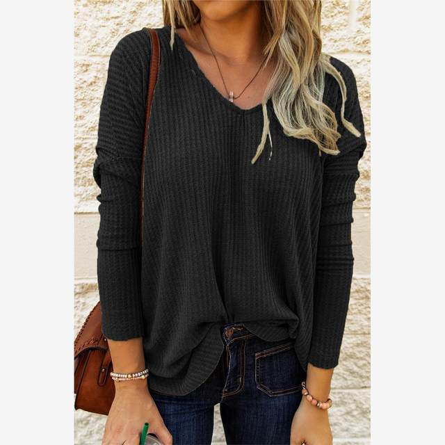European and American style spring and autumn new V-neck blue loose pullover casual knitted long-sleeved T-shirt Women's T-shirt