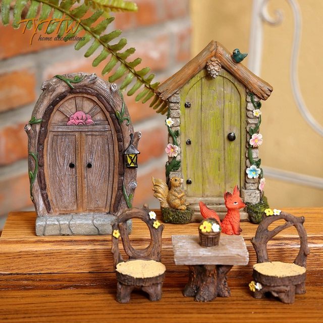 Elf House Resin Door Tables and Chairs Succulent Micro Landscape Decoration Green Plants Flower Pots Garden Home Gardening Decorative Ornaments