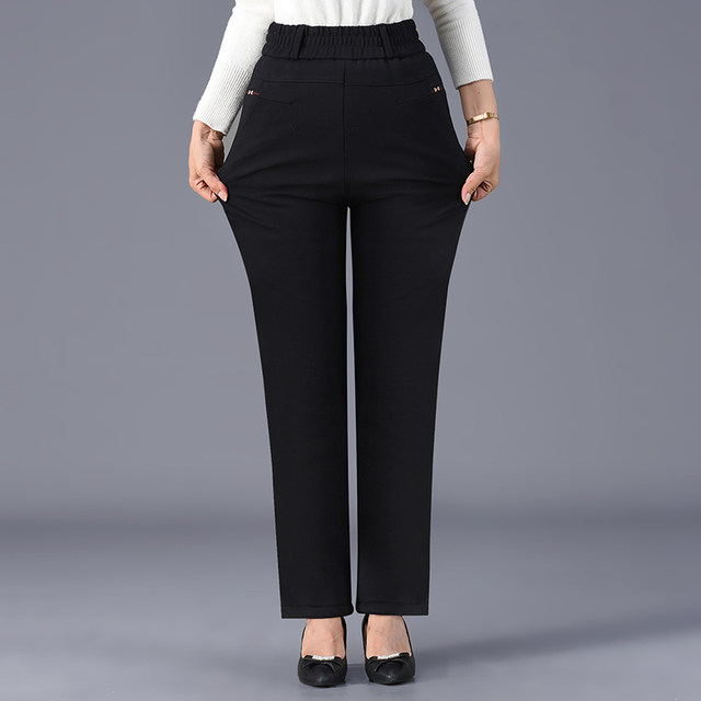 Middle-aged and elderly people wear silk cotton pants high-waisted winter straight loose women's pants plus velvet thickened warm knee-pad mother pants