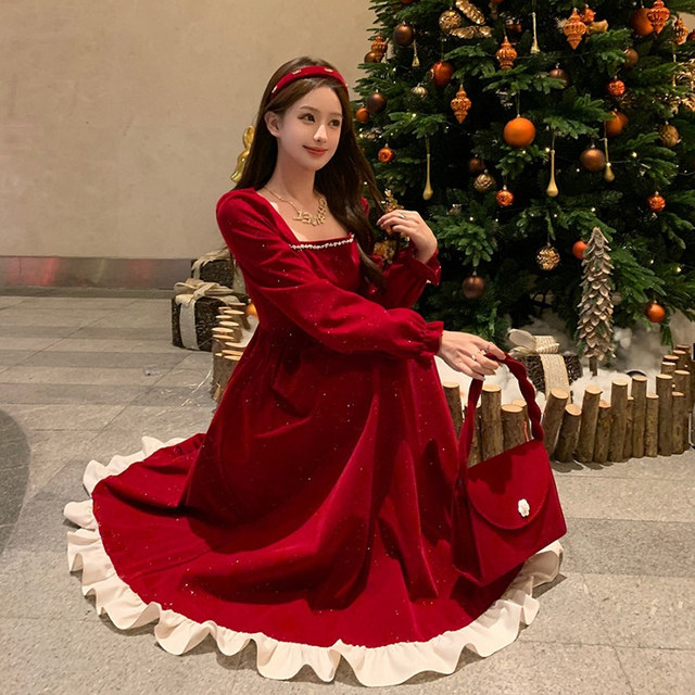 Large size fat mm sweet Christmas atmosphere sequin velvet waist dress for women in autumn and winter slim princess puffy skirt